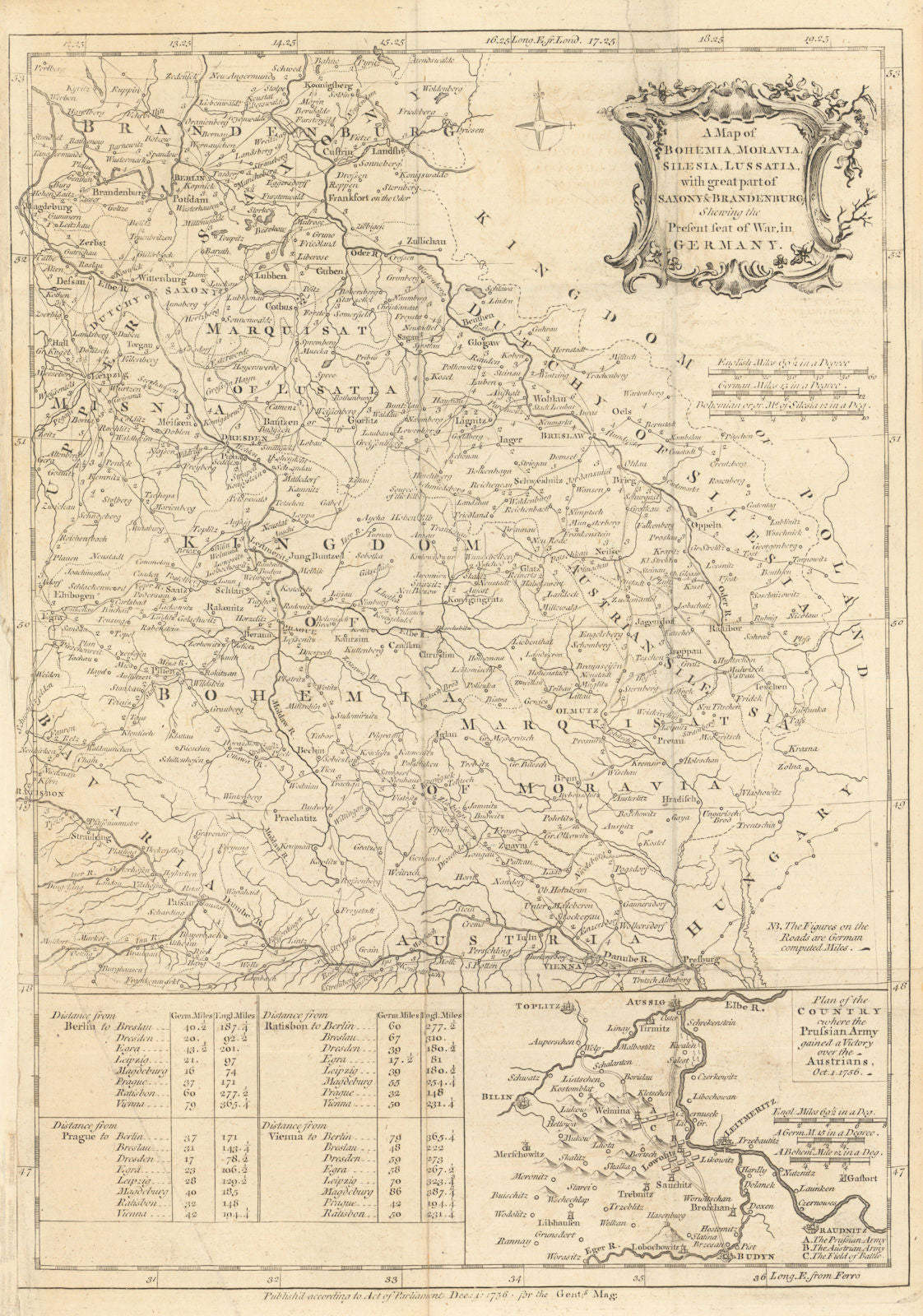 Bohemia, Moravia, Silesia, Lussatia…. Saxony Brandenburg. Gent's Mag 1756 map